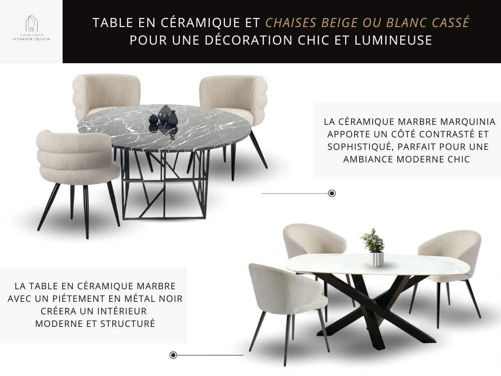 2 exemples d'associations de chaises beiges et de tables à manger en céramique marbre : les chaises beiges CLOUD avec la table KATLEEN et les chaises crème COLONIA avec la table ovale MILENA.