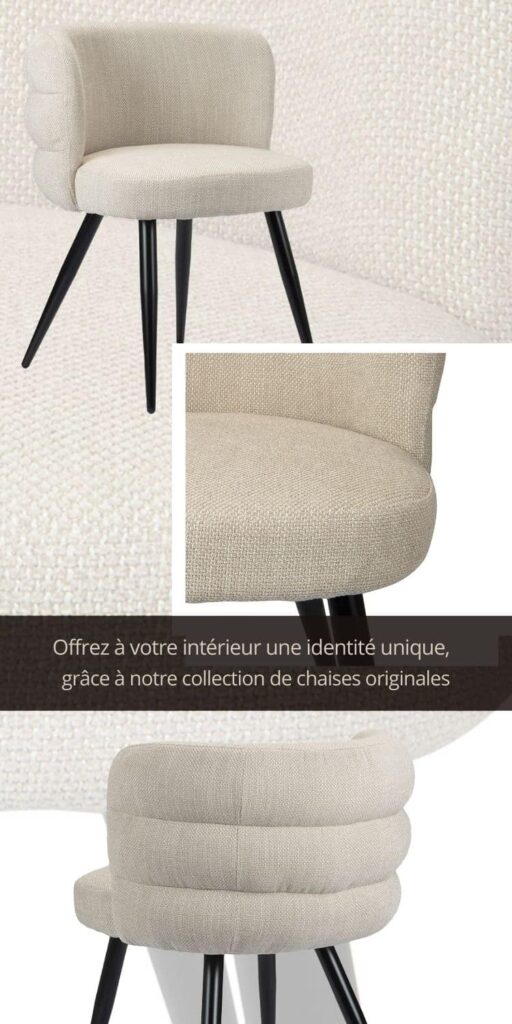 Chaise de salle à manger CLOUD BEIGE avec dossier arrondi et assise rembourrée en tissu confortable de couleur Crème. Pieds fins et fuselés noirs.