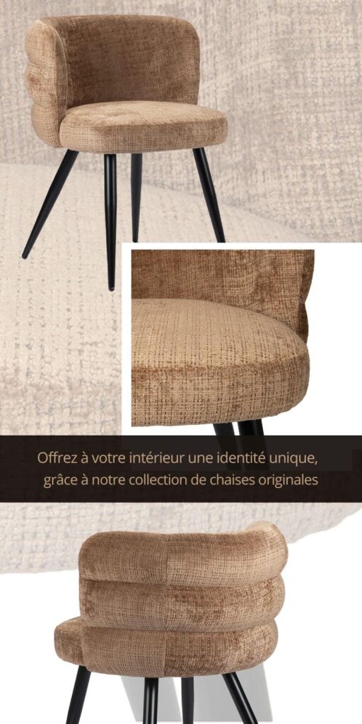 Chaise design de salle à manger CLOUD CARAMEL avec dossier arrondi et assise rembourrée en tissu confortable de couleur Brun Caramel. Pieds fins et fuselés noirs.