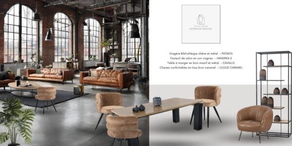 Scène 2cld - Meubles hauts de gamme et durables suivants : les chaises confortables en tissu caramel avec dossier arrondi, CLOUD CARAMEL, l'étagère au style Industriel Chic PATMOS, le fauteuil de salon en cuir cognac HANDREA 2, et la table à manger en chêne massif clair et métal CAVALLO.