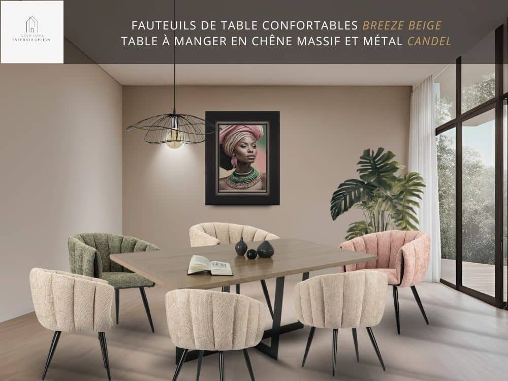 Scène 36bmix - Salon moderne avec la table à manger en chêne massif et métal plein CANDEL, chaises de table confortables en tissu beige, rose pâle et vert pistache de la collection BREEZE.
