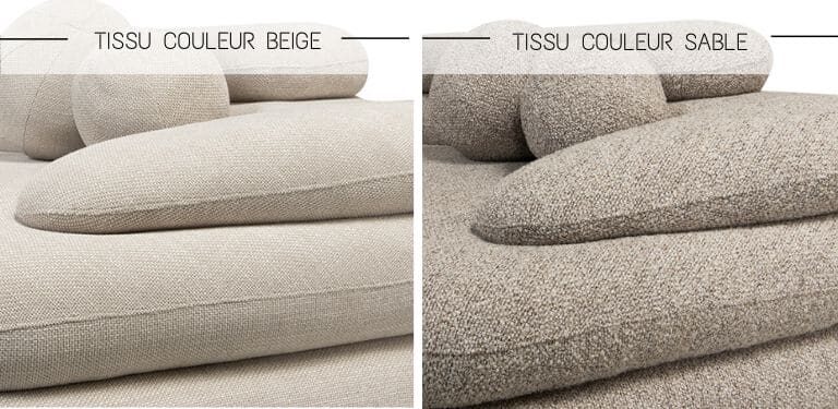 Détail des 2 couleurs de tissus disponibles pour le canapé 6 places CAIRO : tissu Beige et tissu Sable mouillé Détail des 2 couleurs de tissus disponibles pour le canapé 6 places CAIRO : tissu Beige et tissu Sable mouillé
