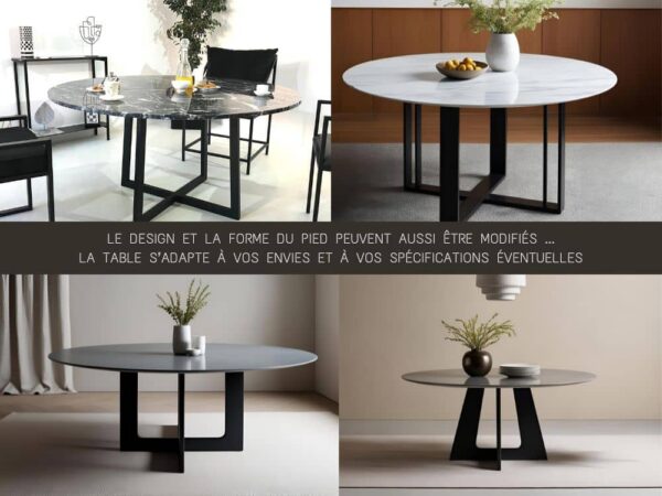 La table à manger ronde Donatella avec plateau rond en céramique ou en marbre est présentée ici sous 4 déclinaisons possibles. La forme et le design du pied sont personnalisables. Idem pour le plateau rond.