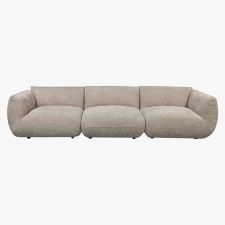 Canapé de salon modulable, au design élégant, composé de 3 modules confortables en tissu beige d'une longueur de 300 cm idéale pour 4 personnes.