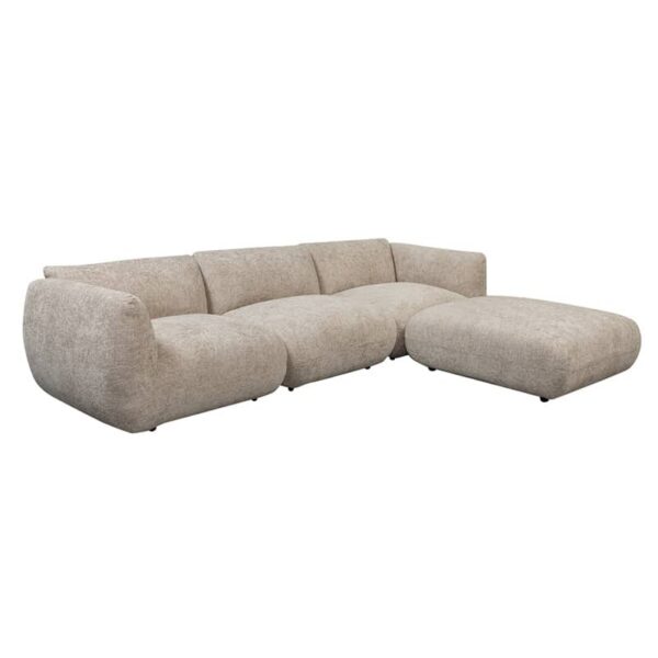 Le canapé modulable 4 places AMSTERDAM est composé de modules en tissu de qualité de couleur Beige permettant ainsi de personnaliser son canapé en fonction de ses besoins. Ici le canapé est présenté avec 4 modules dont le pouf Ottoman.