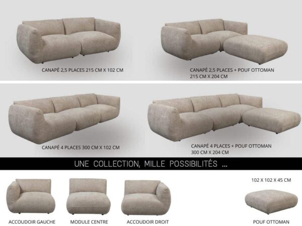 Canapé modulable en tissu beige à configurer selon votre espace. Largeur 215 cm ou 300 cm, avec ou sans pouf Ottoman. Design moderne, confort maximal, tissu résistant de grande qualité.