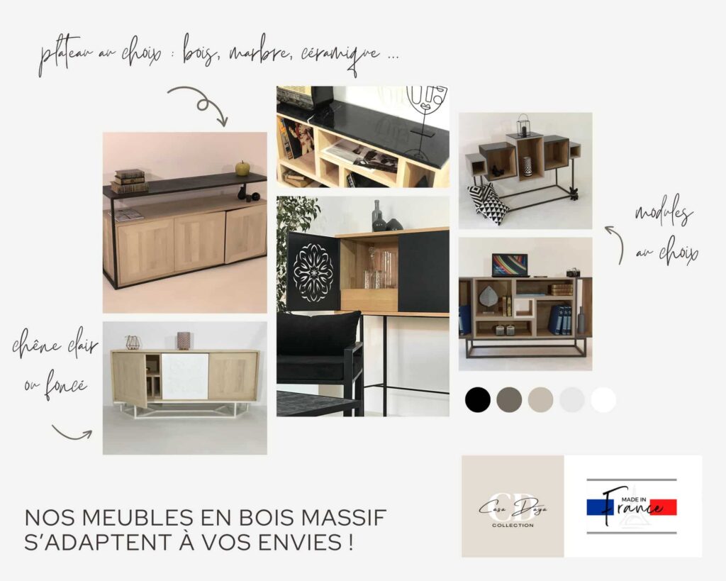 Nos meubles en bois de chêne massif sont de fabrication artisanale française. Tous sont personnalisables ou réalisables sur-mesure. Présentation moodboard des meubles en bois de chêne massif sur-mesure, de fabrication artisanale française.