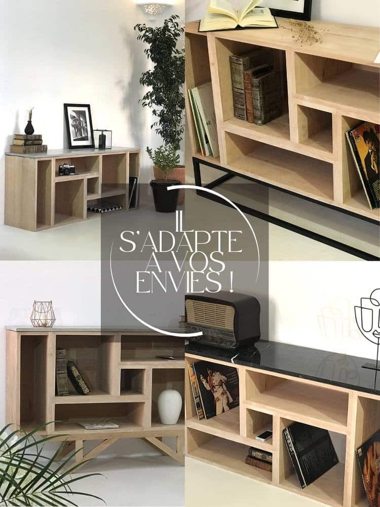 Meuble de rangement pour entrée ou salon, en bois de chêne massif, au design original, composé de plusieurs modules de rangement, entièrement personnalisable ou sur-mesure.