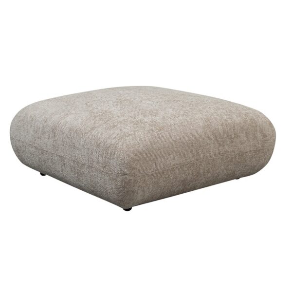 Pouf carré Ottoman en tissu Beige Latte de la collection de canapés modulables AMSTERDAM. Vue de trois-quarts.