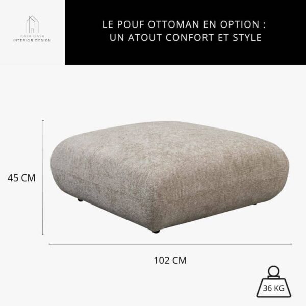 Pouf Ottoman de forme carrée en tissu beige, permettant de compléter la gamme de canapés modulables Amsterdam.