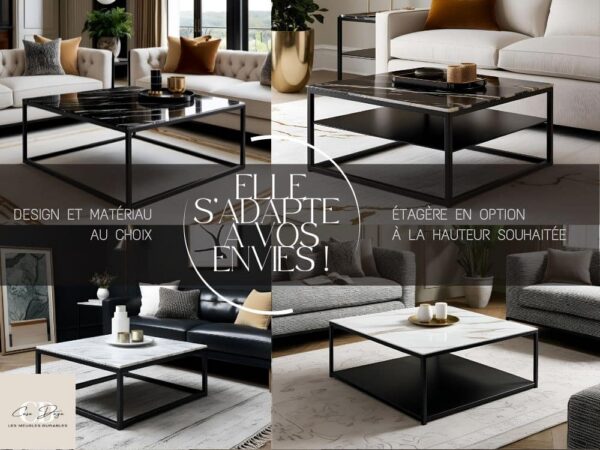 Table basse de salon TIVIA, haut de gamme, sur-mesure ou personnalisable avec plateau en céramique ou marbre au choix et étagère.