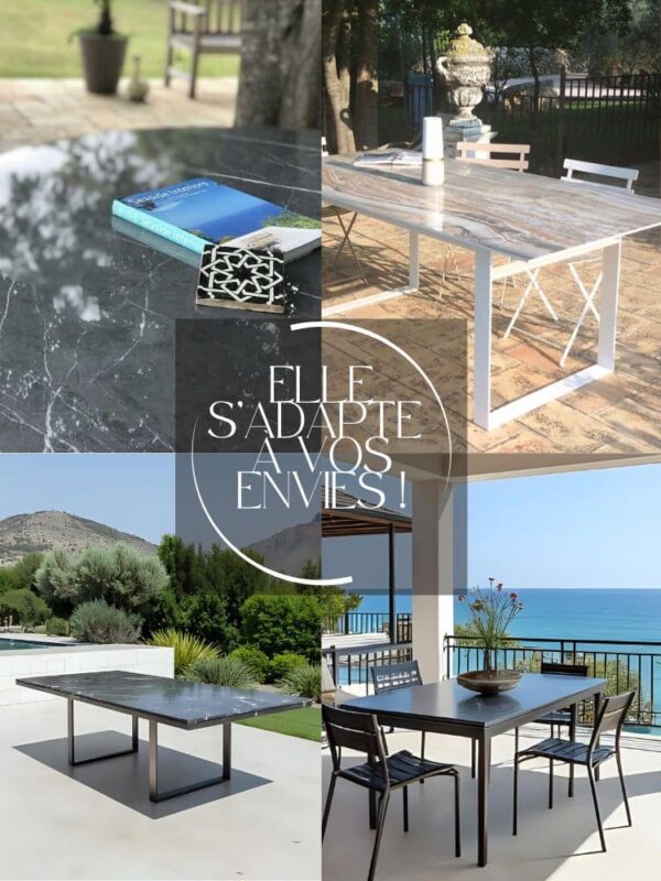 Tables à manger de jardin extérieur avec plateau en céramique Italienne haut de gamme et piétements au design original en acier, aluminium ou Inox.