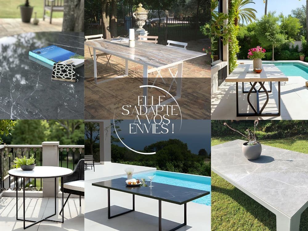 Nos tables de jardin grand format 100 x 300 cm ou 120 x 300 cm sont personnalisables en fonction des besoins de chacun. Tables de jardin grands formats pour 10 à 12 personnes, 100 cm x 300 cm, 120 cm x 300 cm, avec plateau en céramique marbre, effet béton, effet métal. Pied au design original personnalisable selon les préférences de chacun.