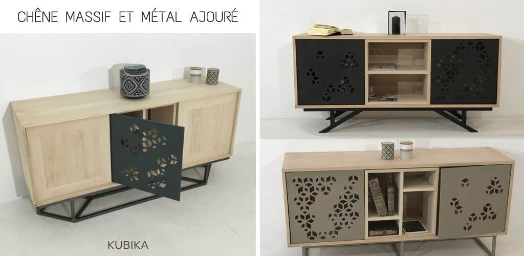 Meuble buffet de salon ou de salle à manger moderne personnalisable mêlant des portes en chêne massif et en métal ajouré - Une création sur-mesure au design exclusif signée Casa Daya
