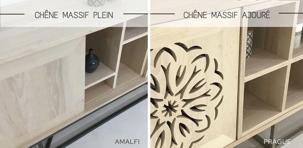 Détail des portes en chêne massif plein ou ajouré destinées aux buffets sur-mesure - Fabrication haut de gamme