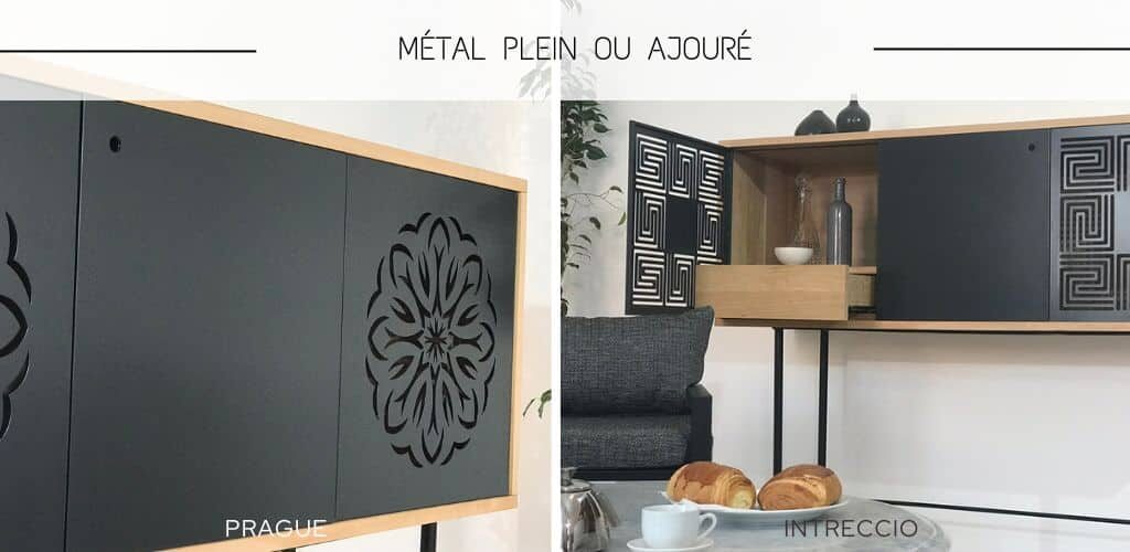 Buffets de salle à manger ou salon au design moderne mêlant le mêlant le métal plein et ajouré avec des motifs arabesques ou géométriques au choix