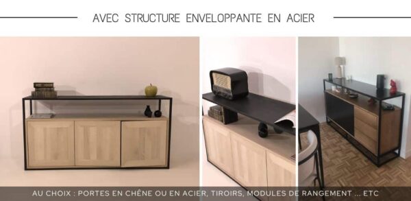 Buffet de salon ou de salle à manger NAPOLI avec structure en acier noir et au choix : portes en chêne massif, porte en métal thermolaqué ou tiroirs permettant un agencement sur-mesure.