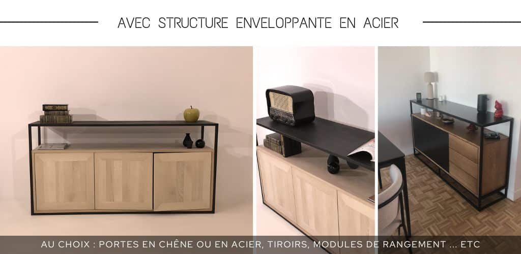 Buffet de salon ou de salle à manger NAPOLI avec structure en acier noir et au choix : portes en chêne massif, porte en métal thermolaqué ou tiroirs permettant un agencement sur-mesure.