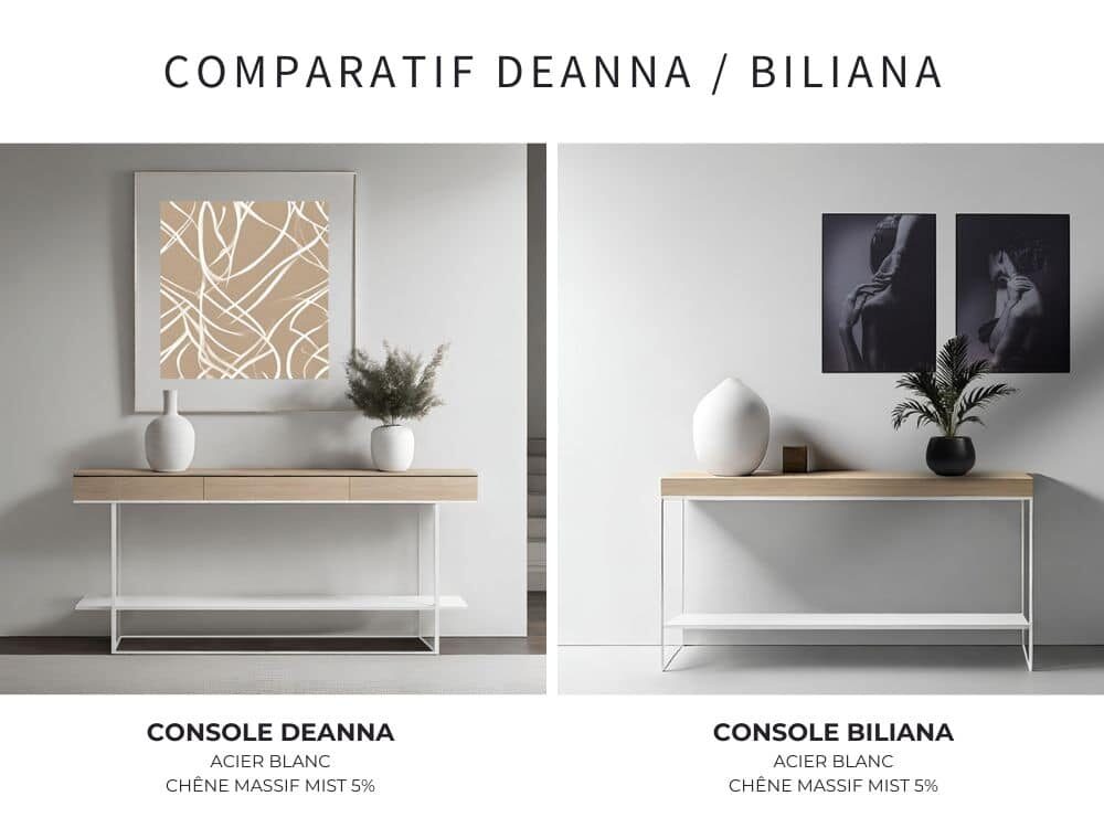 Comparatif entre les 2 consoles sur-mesure en chêne massif clair et structure en métal blanc. La console DEANNA est dotée d'un bloc tiroirs et d'une étagère qui débordent de part et d'autre du meuble. La console BILIANA est dotée d'un plateau épais et d'une étagère à fleur de la structure.
