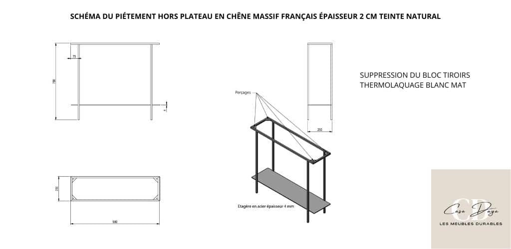 Plan coté ayant guidé la conception de la console d'entrée sur-mesure d'après le mélange des 2 consoles de notre collection : DEANNA et BILIANA.