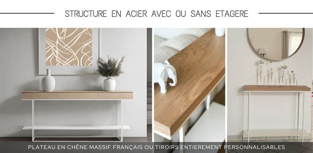 Console d'entrée sur-mesure avec plateau en chêne massif Premium naturel et structure en acier avec étagère thermolaquée blanc.