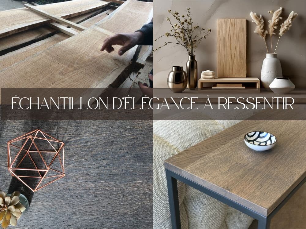 Moodboard présentant les différentes possibilité d'échantillons de bois massif pour les meubles sur-mesure de la collection Casa Daya.