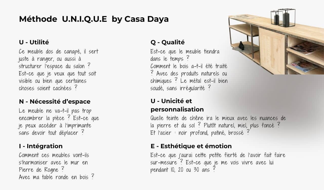 La méthode UNIQUE by Casa Daya : les bonnes questions à se poser pour bien choisir son meuble sur-mesure.