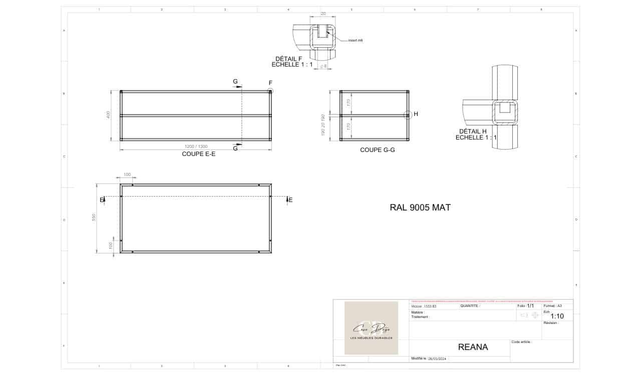 Plan avec dimensions ayant servi à la conception personnalisée de la table basse de salon pour un design unique parfaitement adapté aux exigences d'Etienne.