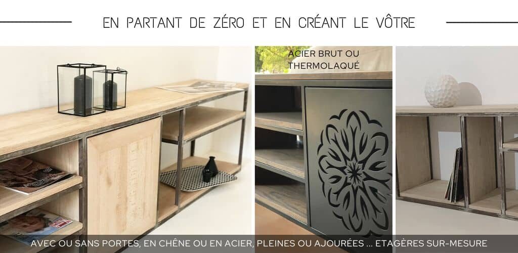 Meuble console dos de canapé ou à placer contre un mur, composé entièrement sur mesure : portes, étagères, tiroirs entièrement sur mesure. Matériaux haut de gamme tel que chêne massif et acier thermolaqué.