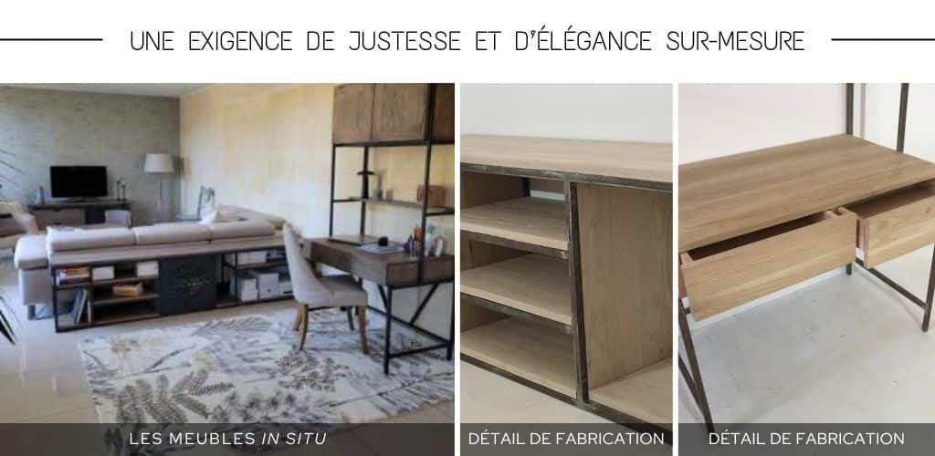 Meubles sur-mesure en chêne massif et acier : un meuble buffet de type "dos de canapé" aux dimensions personnalisées pour tout ranger et un bureau "autoportant" avec rangement intégré sur la hauteur, tiroirs et étagère.