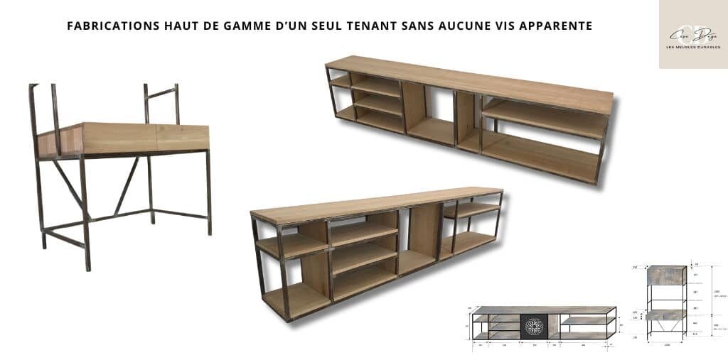 Détails de fabrication et schémas techniques des 2 meubles bois et métal sur-mesure : le meuble buffet dos de canapé et le bureau autoportant avec rangement intégré en hauteur.