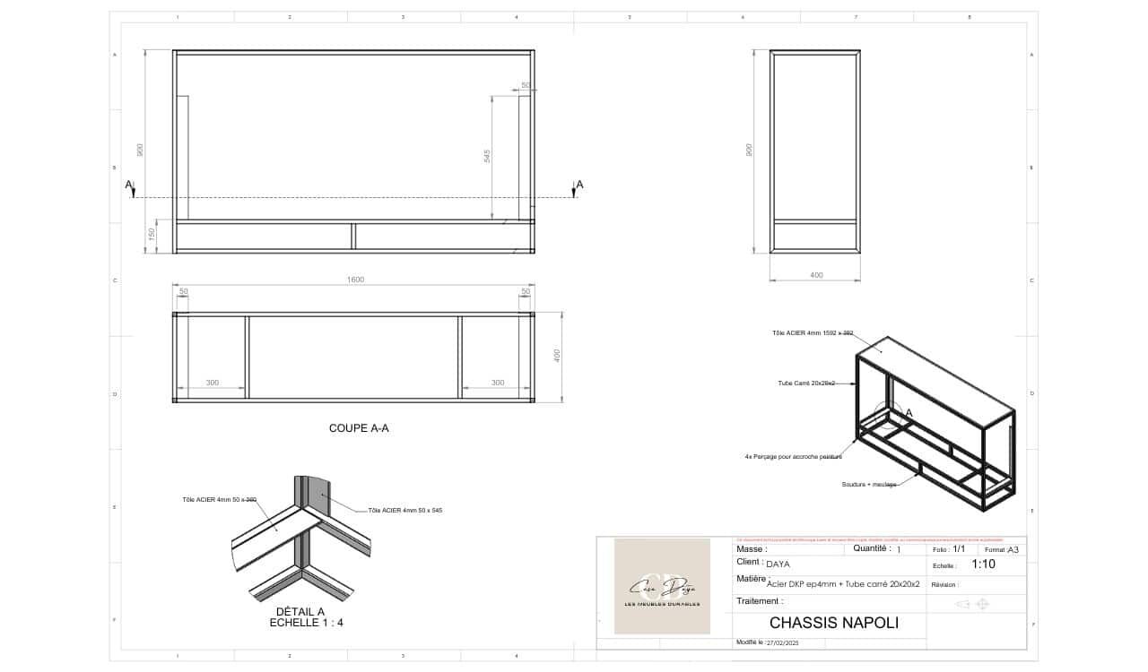 Plan avec côtes ayant servi à la personnalisation du piétement en métal du meuble buffet sur-mesure NAPOLI.
