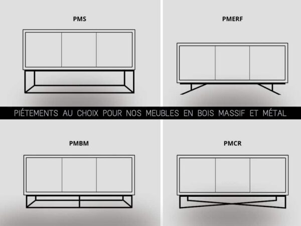 Présentation des piétements en métal, au design original, au choix pour les meubles en bois massif et métal sur-mesure.