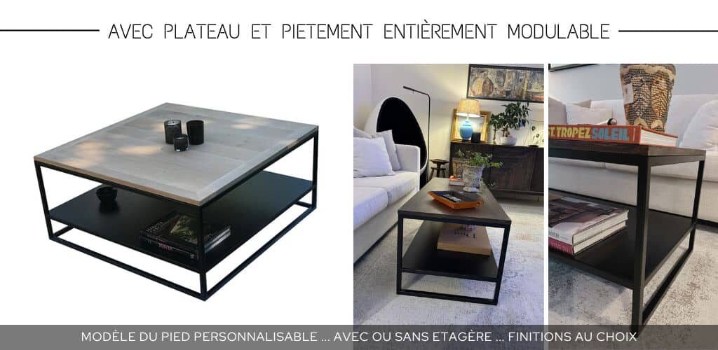 Table basse de salon REANA avec structure en acier thermolaqué, plateau en chêne massif teinté à la couleur souhaitée et une étagère en acier dont la hauteur est personnalisable également, permettant ainsi un agencement sur-mesure.