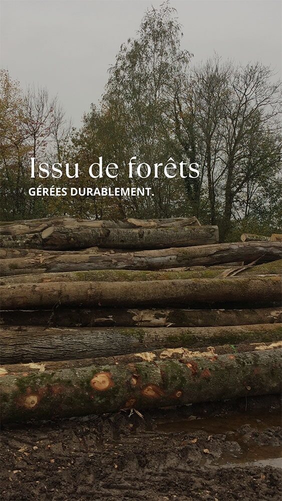 Bois massif français issu de forêts durablement gérées et servant à la fabrication de nos meubles sur-mesure.