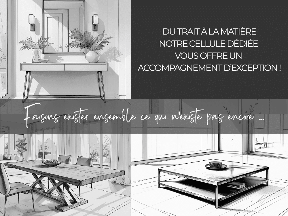 Croquis de meubles sur-mesure : console d'entrée avec 2 tiroirs, table à manger au design original et table basse carrée avec étagère
