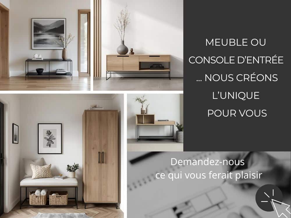 Console en métal noir, 2 meubles modulaires en chêne et métal noir réalisables sur-mesure. Cliquez sur l'image pour nous communiquer vos souhaits. Ce visuel présente deux meubles d’entrée sur mesure en chêne massif et métal noir, composés de modules personnalisables – ouverts ou fermés, avec portes ou tiroirs – ainsi qu’une console d’entrée en métal noir à deux étagères, également réalisable sur mesure.