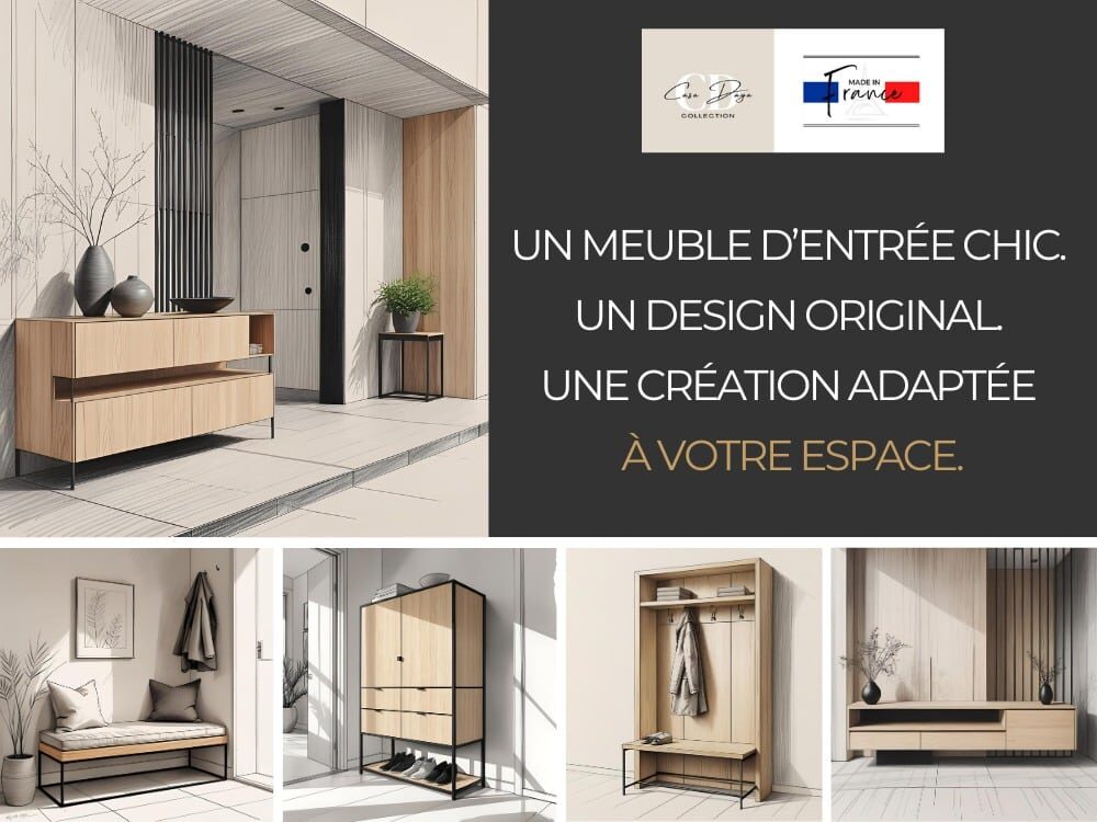 Ce visuel illustre l’art du sur-mesure appliqué au mobilier d’entrée chic et original : meubles d'entrée sur-mesure en chêne massif associé au métal fin et minimaliste pour un design chic, élégant et original. Des meubles robustes, fabriqués artisanalement en France et personnalisables : portes, tiroirs, modules ouverts ou fermés, patères, dimensions, couleurs ... rien n'est impossible.