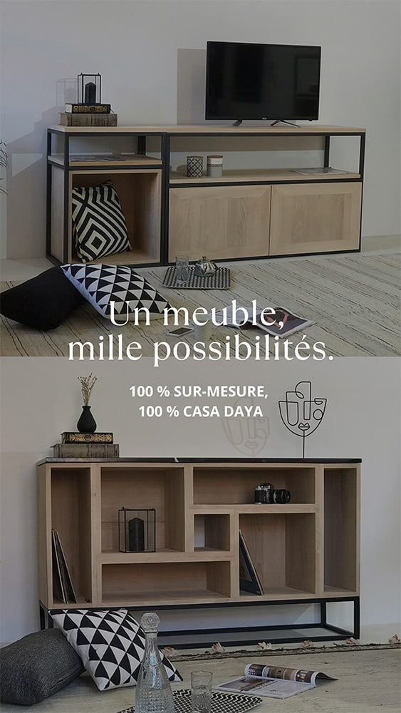 Visuel montrant 2 meubles de rangement modernes, au design original, en chêne massif et métal. Le premier avec portes, caisson de rangement et étagères. Le second est composé de 7 modules ouverts de formes et dimensions différentes.
