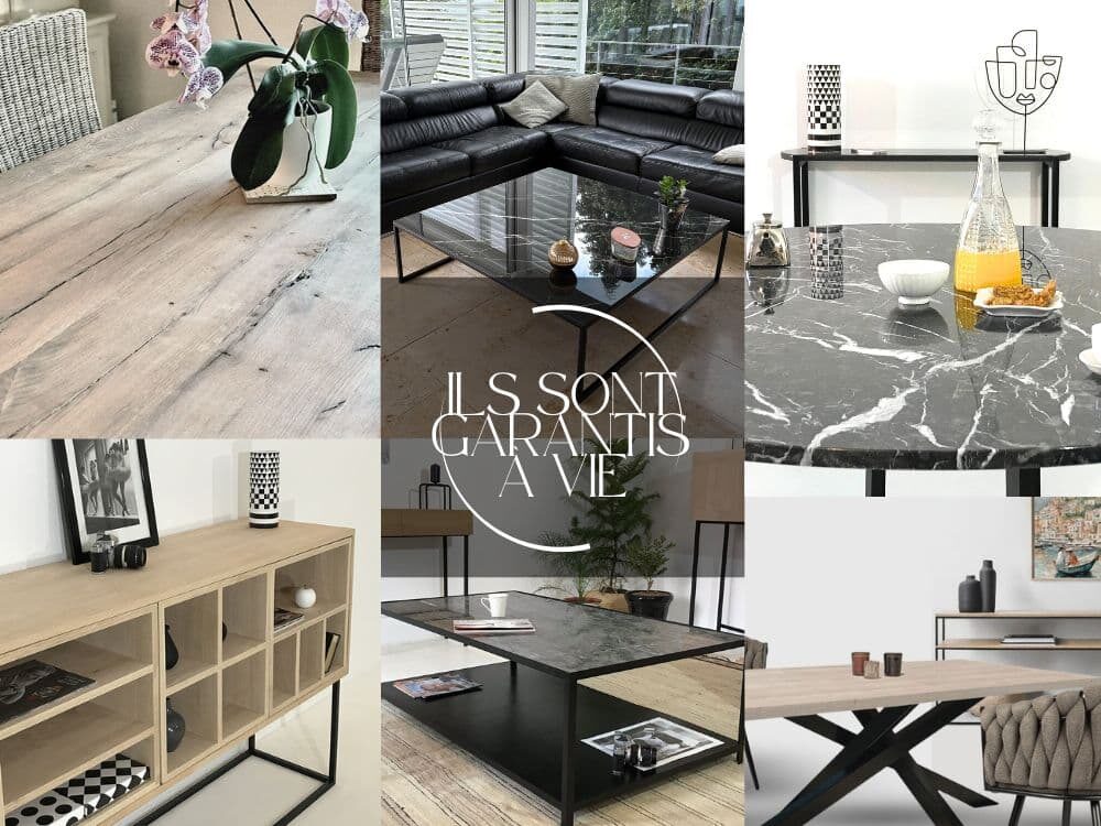 Visuel de 6 vignettes sur lesquels sont présentés certains de nos meubles sur-mesure garantis à vie. De haut en bas et de gauche à droite : plateau de table à manger en chêne recyclé, table basse carrée avec céramique marbre Calacatta black, plateau rond en marbre Marquinia, meuble de rangement, table de salon en marbre avec étagère en acier, table à manger en chêne massif avec pied central Mikado.