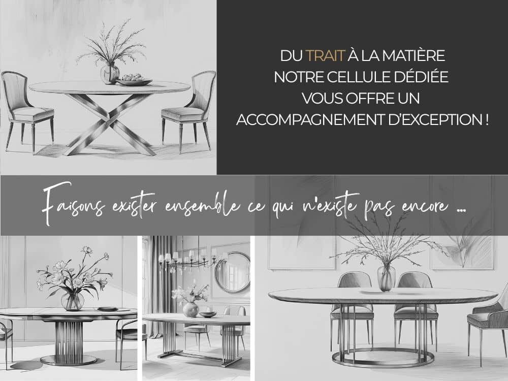 Une série de croquis illustre les tables à manger sur mesure, aux plateaux ovales ou tonneau. Les céramiques se déclinent en une palette élégante de finitions : marbre, béton, métal industriel et plus encore. Avec un piétement au choix en bois ou en acier. Chaque table est conçue pour durer et s’accompagne de notre garantie à vie.