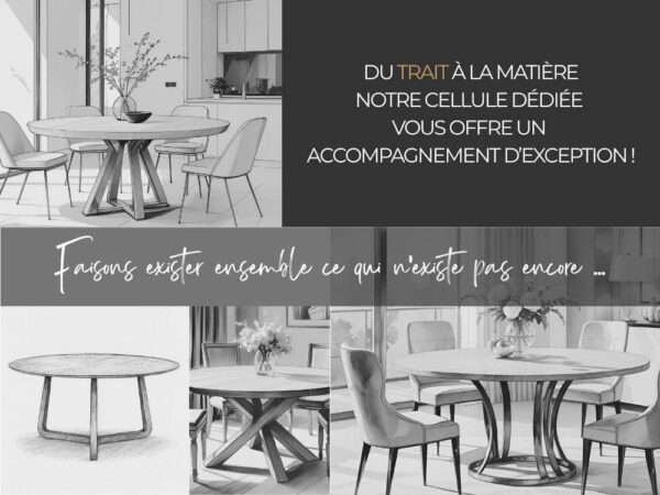 Pavé visuel présentant une série de croquis de nos tables à manger rondes sur mesure, disponibles avec piétement en bois ou en acier. Chaque modèle est conçu pour durer et s’accompagne de notre garantie à vie.