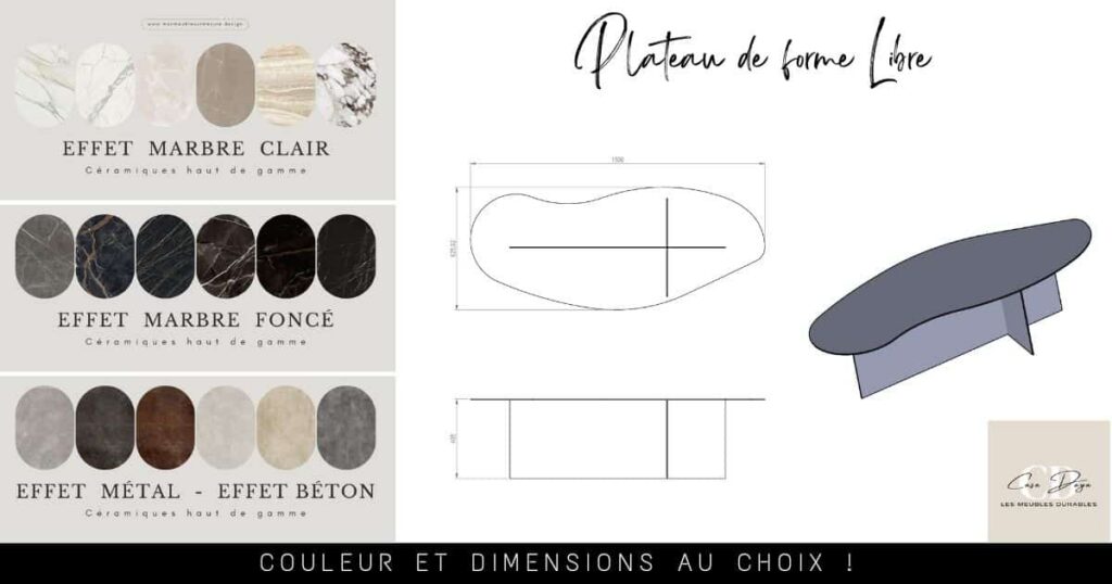 plan de la table basse de forme libre, avec plateau en céramique italienne haut de gamme, design au choix : effet marbre, effet métal, effet béton.