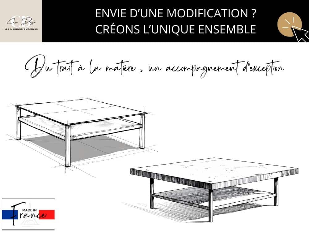 Deux croquis représentant 2 exemples concrets de tables de salon carrées 100 cm x 100 cm, en bois de chêne massif et métal, avec plateau et étagère dont les dimensions et les finitions restent personnalisables.
