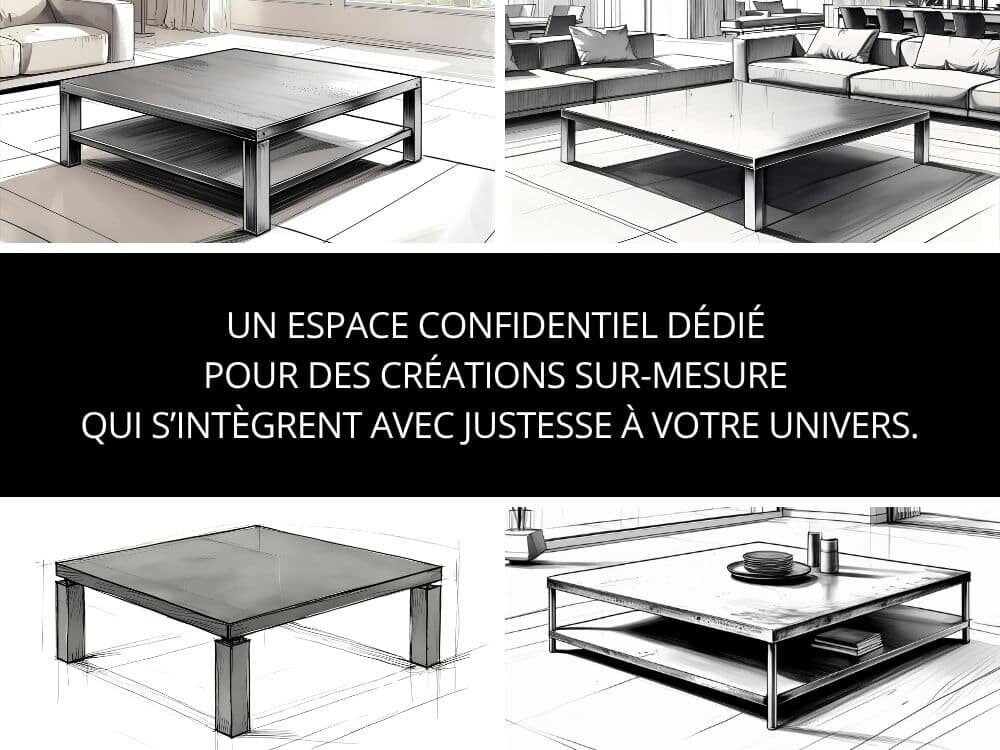 Croquis de tables basses de salon de forme carrée réalisables sur-mesure selon les besoins de chacun. Chacune d'elle peut être dotée d'un plateau et d'une étagère, toux deux en bois de chêne massif ou en acier. Dimensions et finitions au choix.