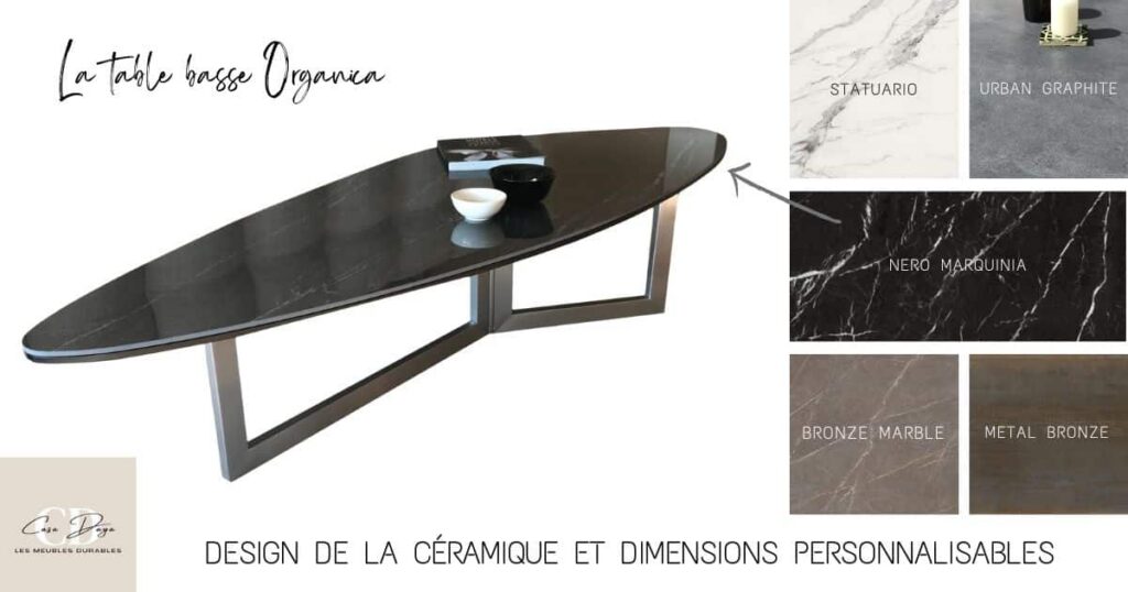 table basse de salon haut de gamme, avec plateau en céramique marbre de forme organique et piétement en Inox brossé à 3 branches.