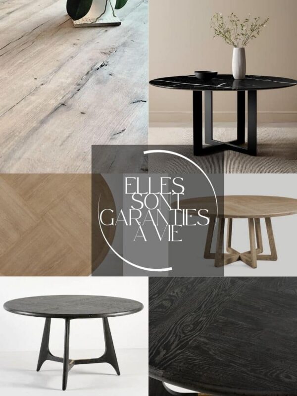 Sélection de 6 vignettes mettant en valeur nos tables à manger rondes sur mesure, déclinées avec plateau en chêne massif — neuf ou recyclé — ou en céramique, pour un design unique et personnalisé.