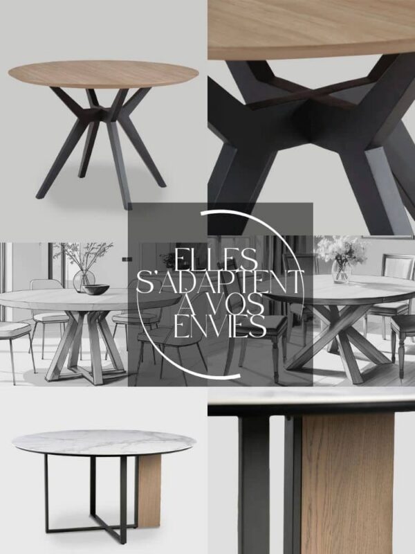 Une série de 6 vignettes illustre nos tables à manger rondes sur mesure, proposées avec un plateau en chêne massif — neuf ou recyclé — ou en céramique élégante, également conçue sur mesure. Le piétement central se personnalise lui aussi dans les moindres détails, du design aux matériaux, pour une table parfaitement adaptée à votre intérieur.