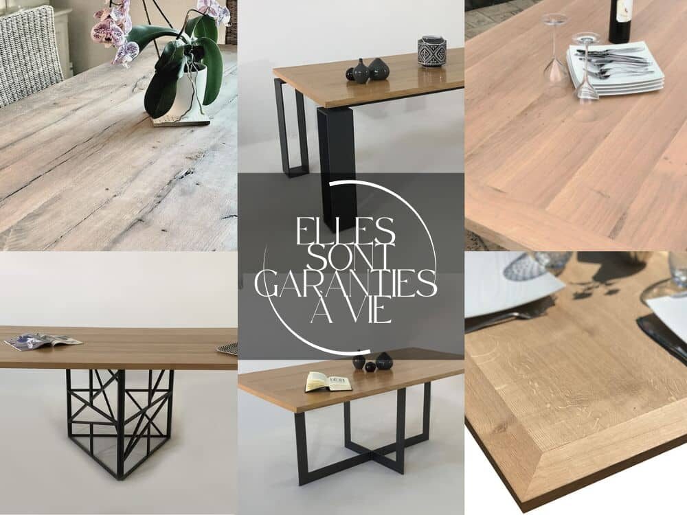 Carrousel de 6 photos présentant un échantillon des tables de salle à manger de Casa Daya, avec plateau en bois de chêne massif et pied en métal noir. Toutes ces tables à manger sont garanties à vie.