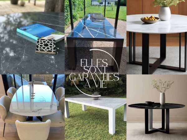 Carrousel de 6 photos présentant un échantillon des tables à manger sur-mesure de Casa Daya, avec plateau en céramique effet marbre. Elles sont garanties à vie.